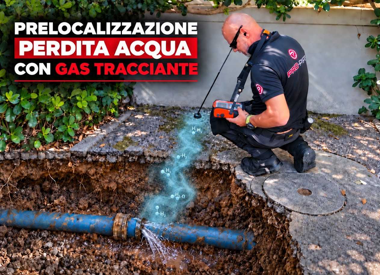 Illustrazione della pre-localizzazione di una perdita con gas tracciante e strumento di rilevazione