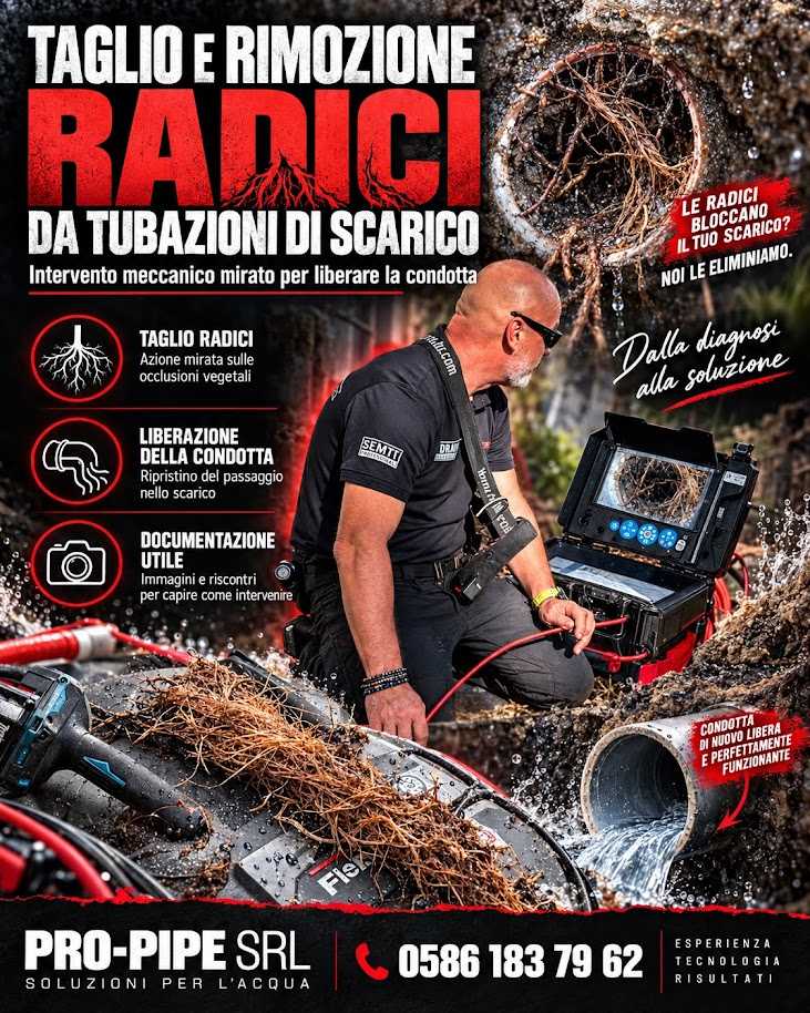 Grafica PRO-PIPE sul taglio delle radici nelle tubazioni, con operatore e monitor di videoispezione