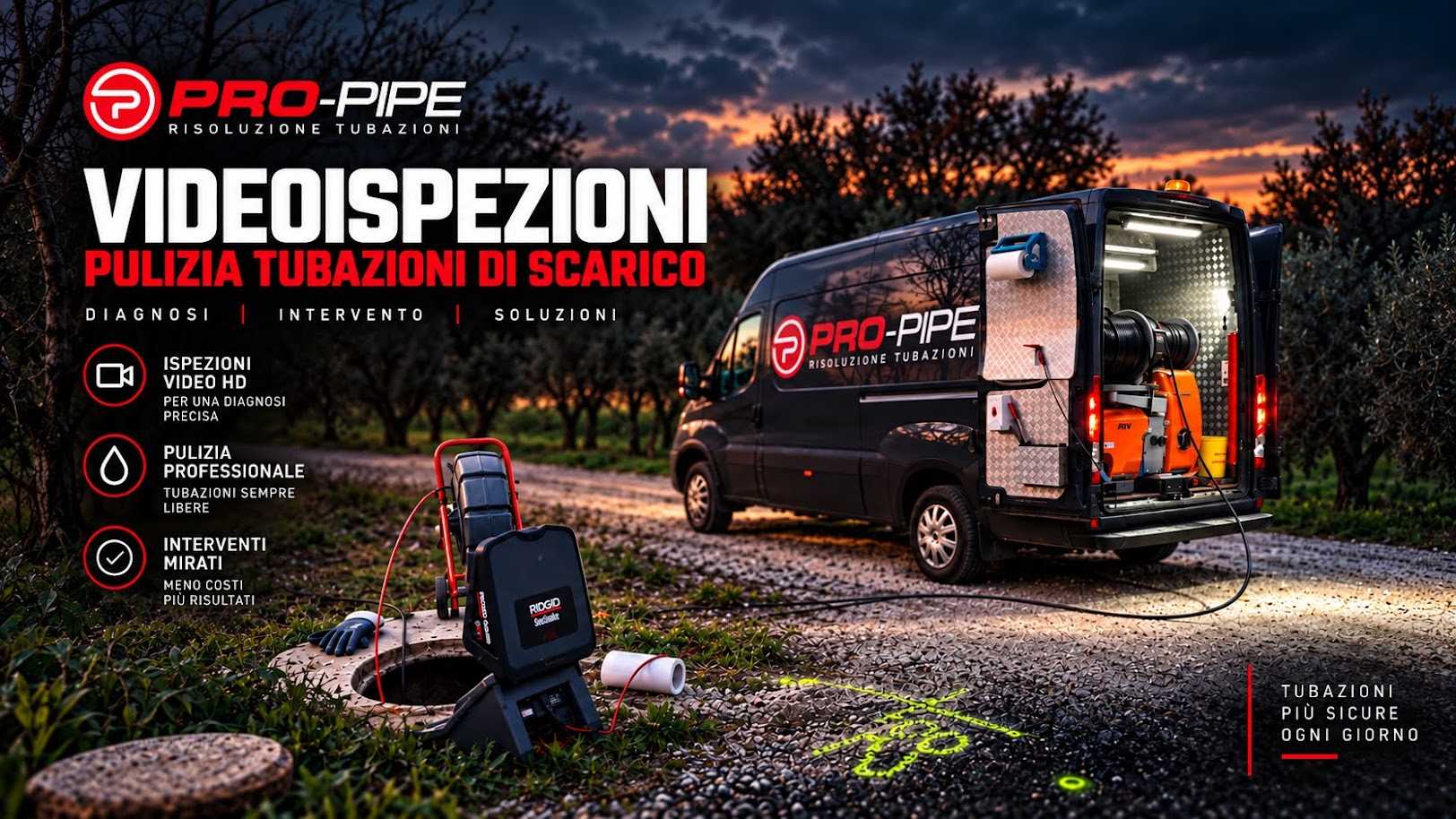 Grafica PRO-PIPE con mezzo attrezzato e strumenti per videoispezione e pulizia delle tubazioni