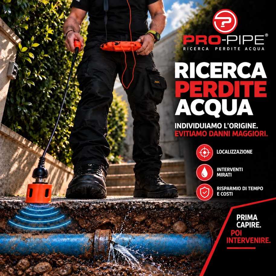 Grafica PRO-PIPE sulla ricerca perdite acqua con operatore, geofono e rappresentazione illustrata di una tubazione sotterranea